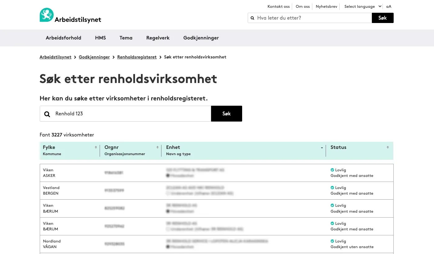 Søk i Arbeidstilsynets renholdsregister for å kontrollere om et rengjøringsfirma er godkjent.
