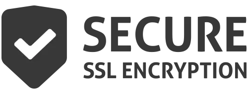 Shield with checkmark and SSL encryption text.