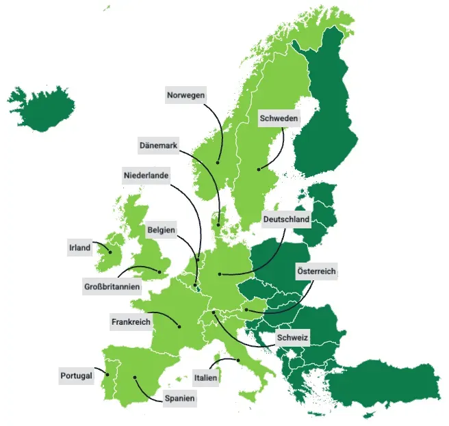 Eine Karte Europas, auf der die aktiven Nettbureau-Märkte farblich hervorgehoben sind.