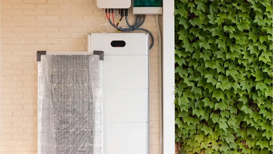 Solarspeichersystem an Backsteinwand montiert mit elektrischen Anschlüssen.