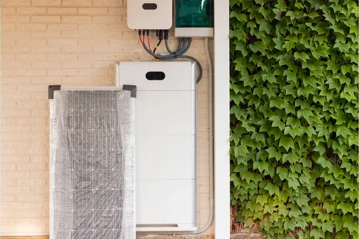 Solarspeichersystem an Backsteinwand montiert mit elektrischen Anschlüssen.