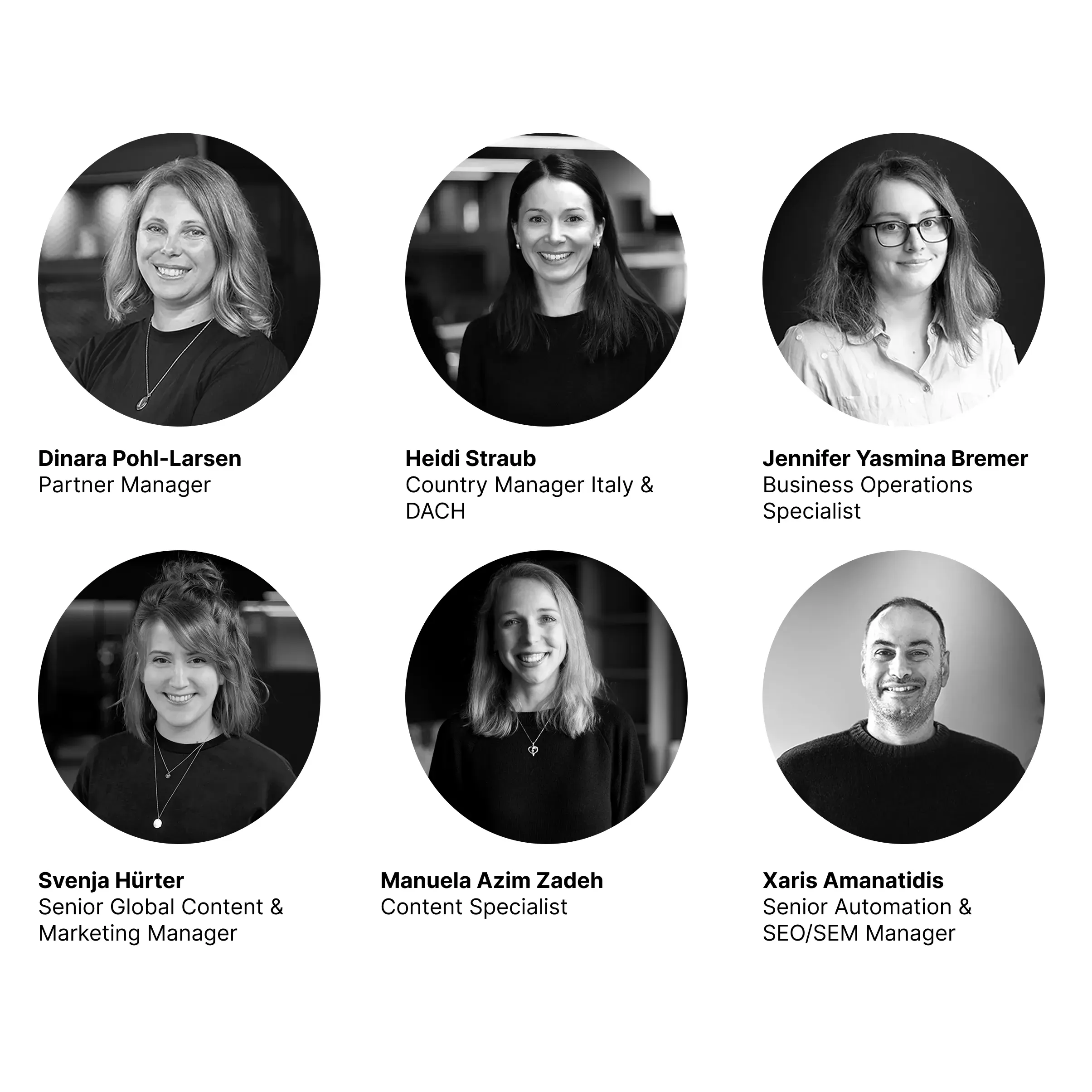 Six team members in circular portrait photos with names and job titles displayed below each photo.