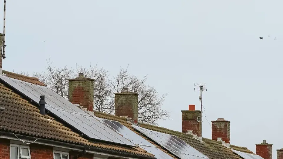 Row of brick houses with snow-covered roofs and chimneys.