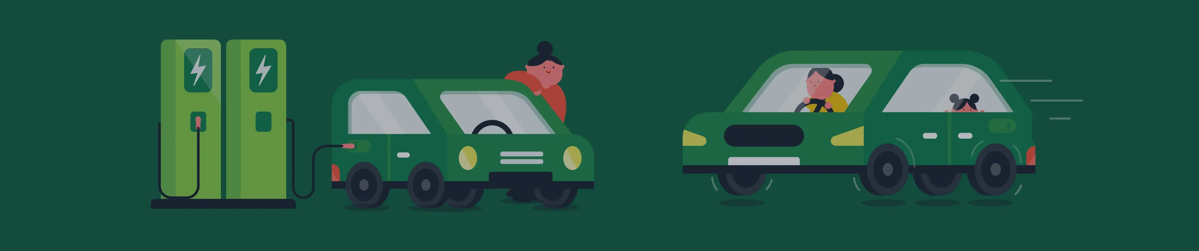 Electric vehicles charging at stations and driving on road.
