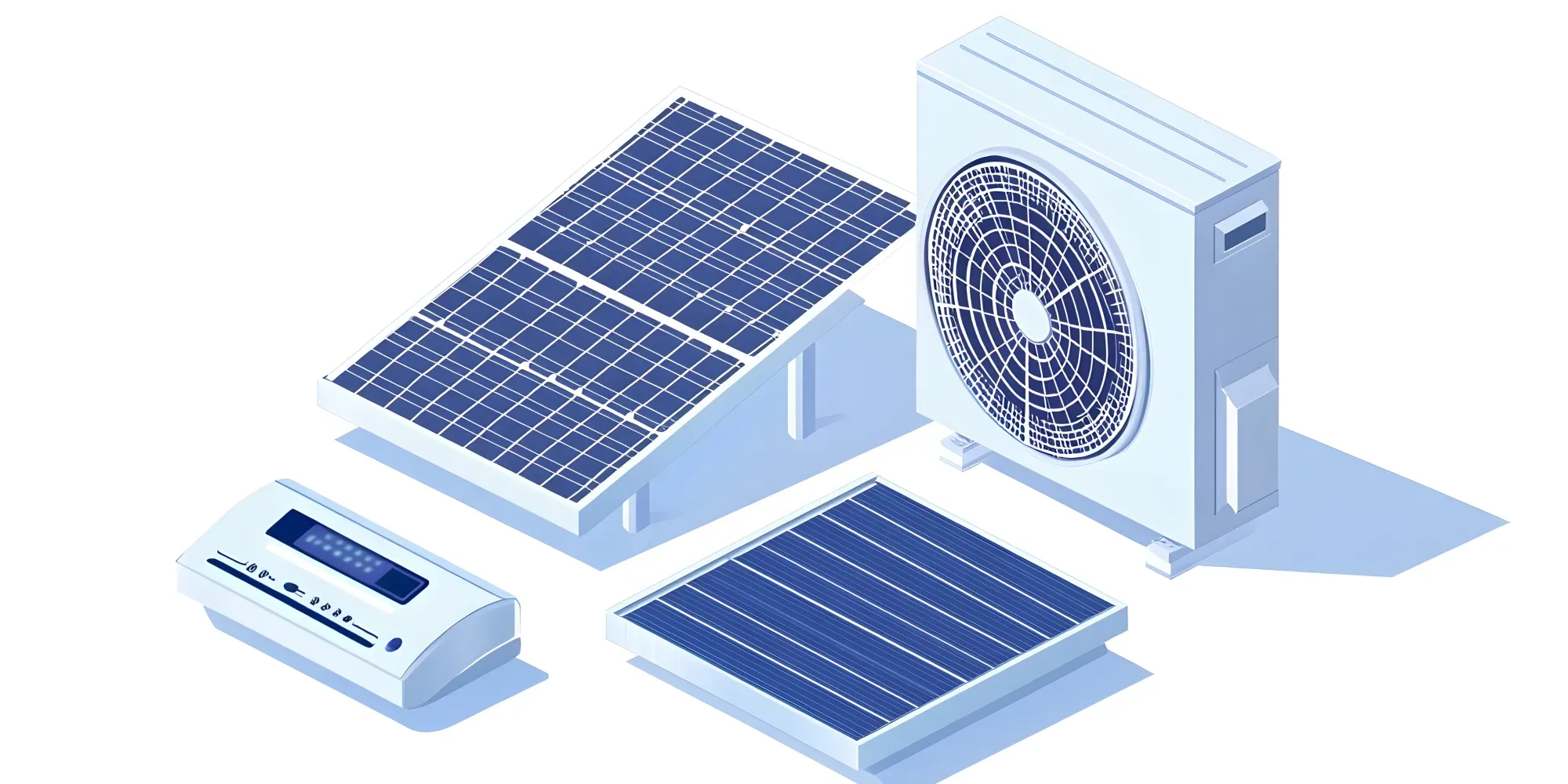 Paneles solares y unidad de aire acondicionado con panel de control.