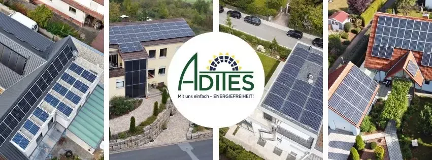 ADITES Austria GmbH – vier Luftaufnahmen von Wohnhäusern mit Photovoltaikanlagen, Firmenlogo mit Slogan 'Mit uns einfach – Energiefreiheit!