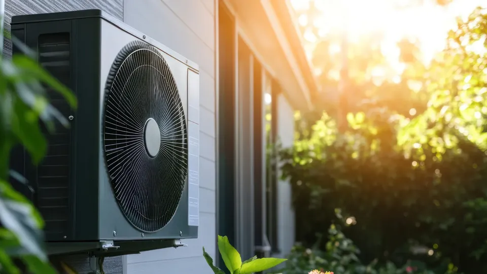 Unidad de bomba de calor montada en la pared exterior del edificio.