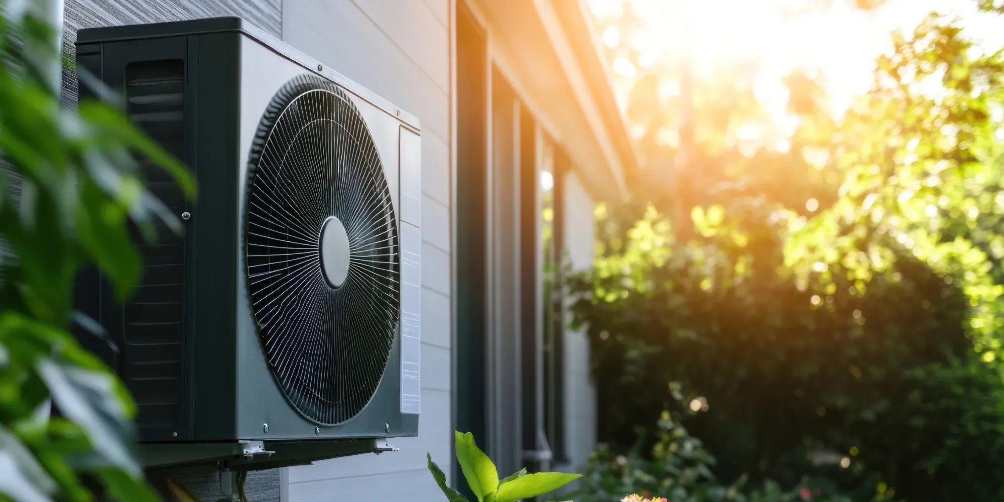 Unidad de bomba de calor montada en la pared exterior del edificio.