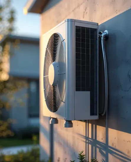 Outdoor heat pump unit mounted on building wall with solar panel and cables.