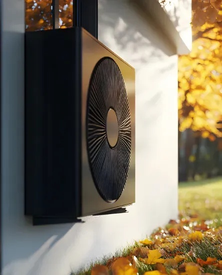 Heat pump unit mounted on white wall with autumn leaves on ground.