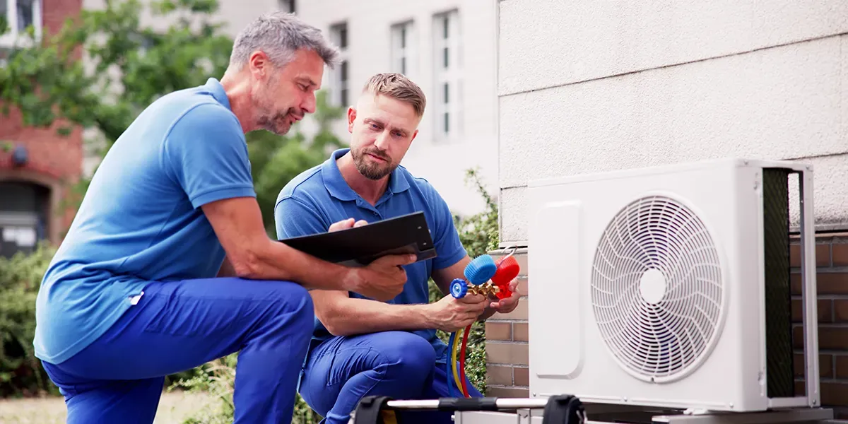 Dos técnicos inspeccionando una unidad de aire acondicionado con una tableta y manómetros.