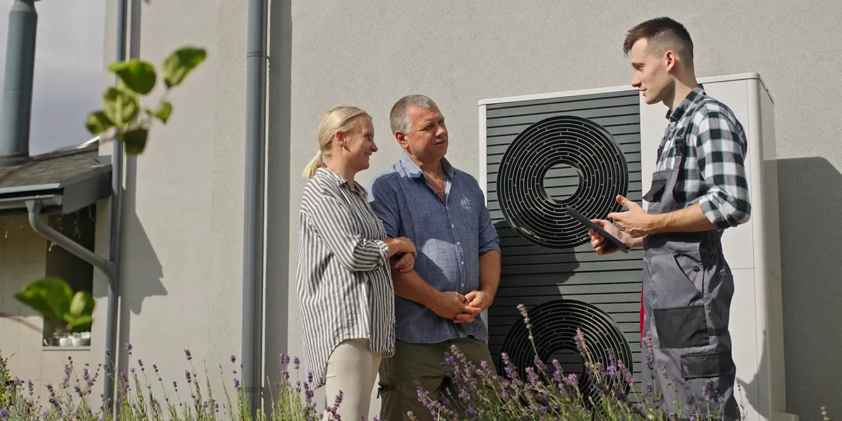 Technician explaining heat pump system to couple outdoors.