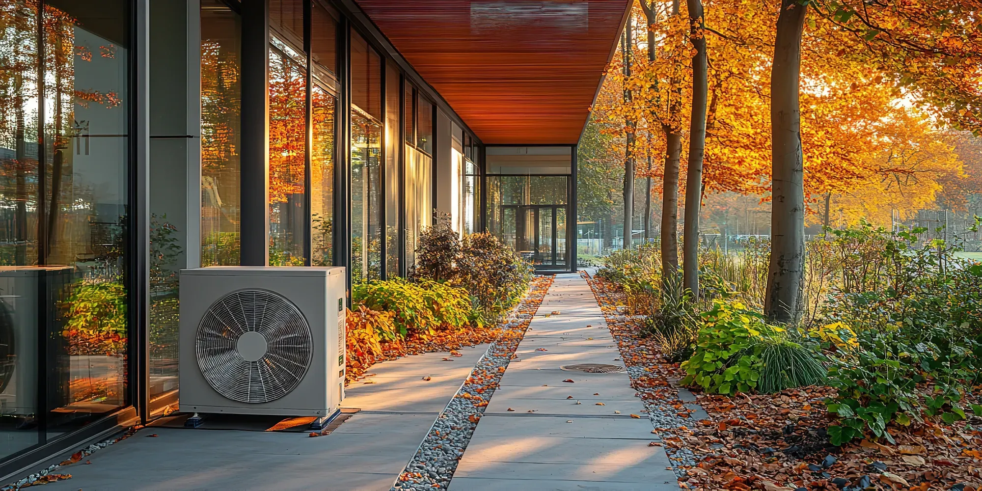 Heat pump unit installed outside modern building with autumn trees.