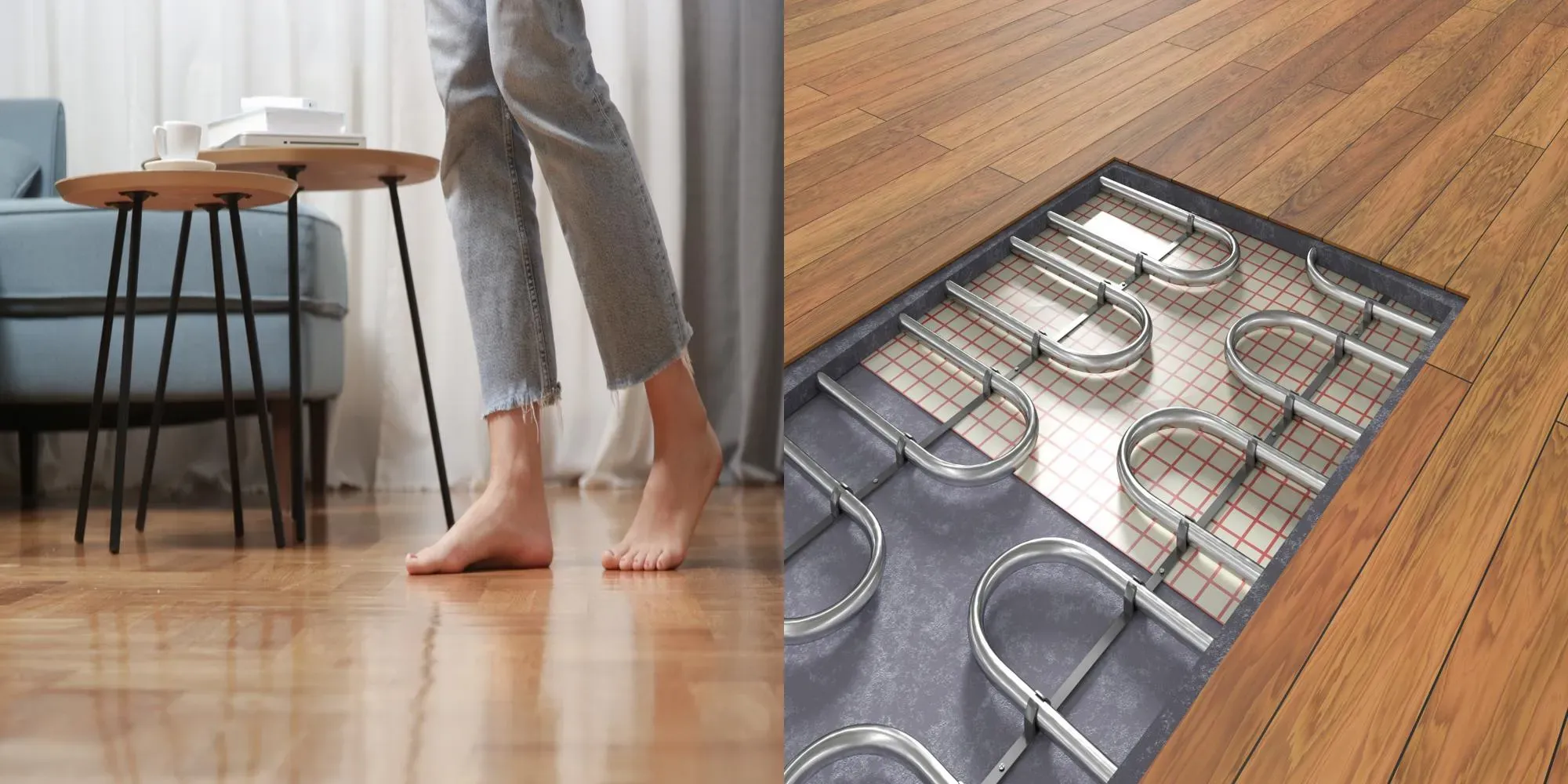 Person standing barefoot on wooden floor next to radiant heating system installed beneath surface.