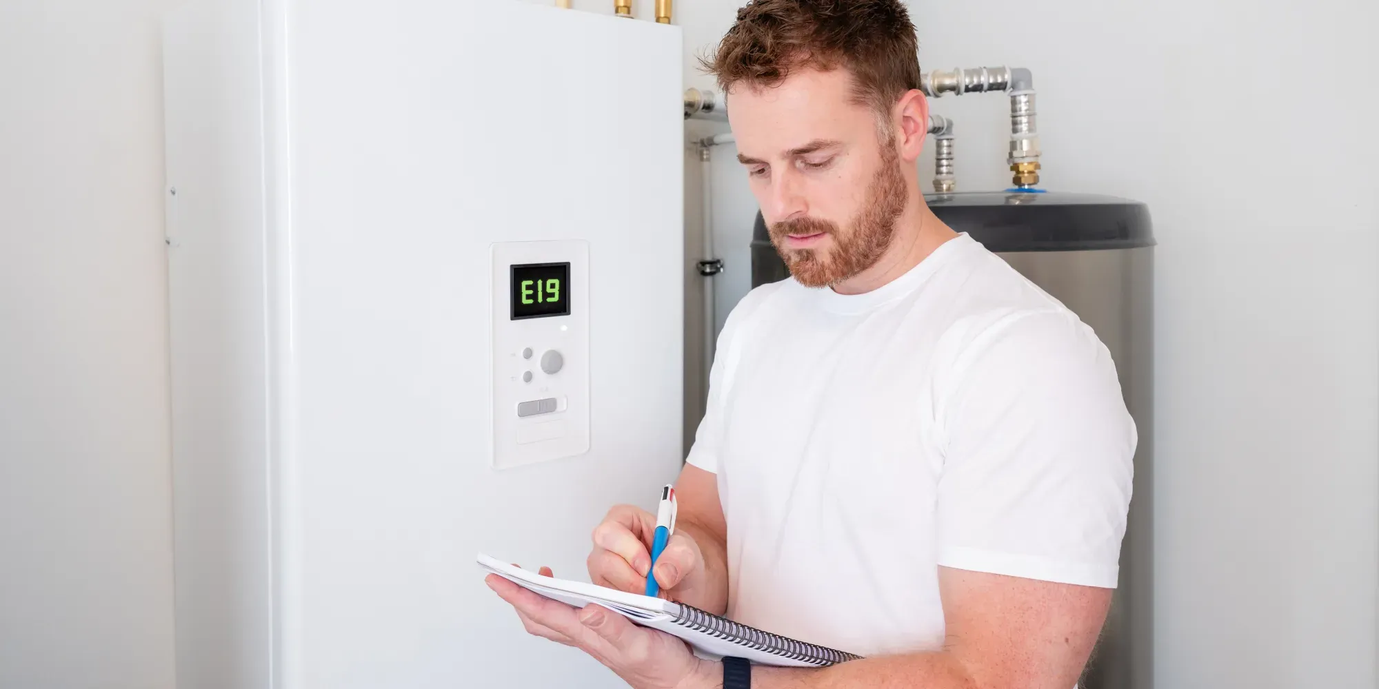 Man reading clipboard while checking digital display on heating system.