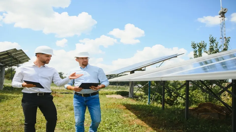 Due ingegneri con caschi di sicurezza controllano l'installazione di pannelli solari in una fattoria di energia rinnovab.