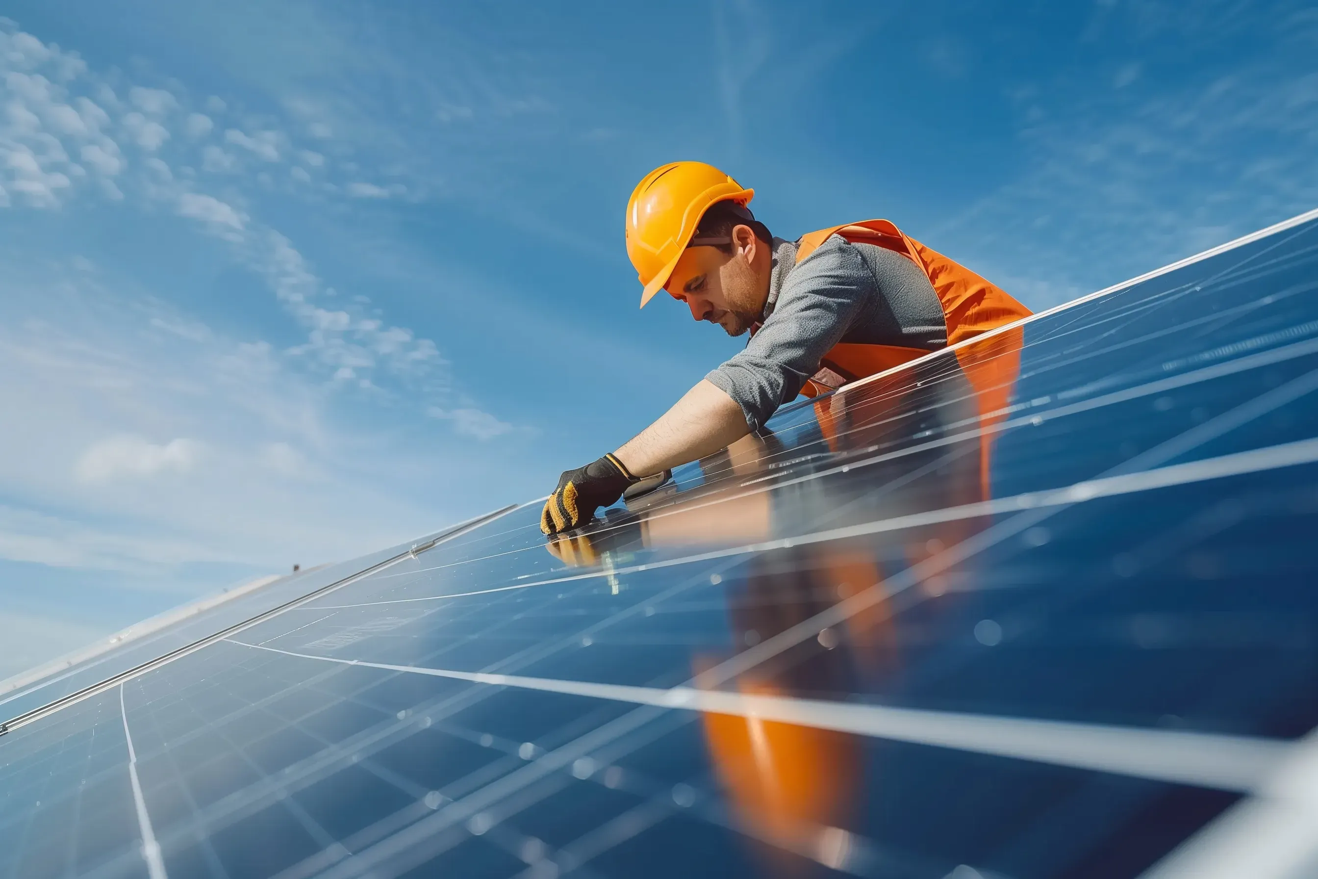 Worker installing solar panel on roof.