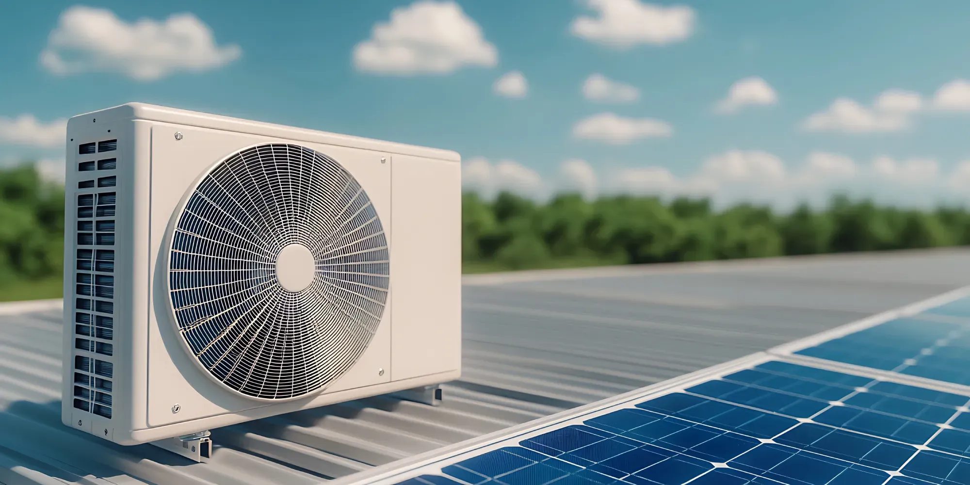 Unidad de bomba de calor instalada en techo de paneles solares.