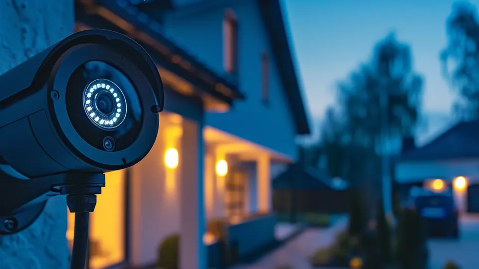 Cámara de seguridad con lente iluminado montada en la pared de un edificio al atardecer.