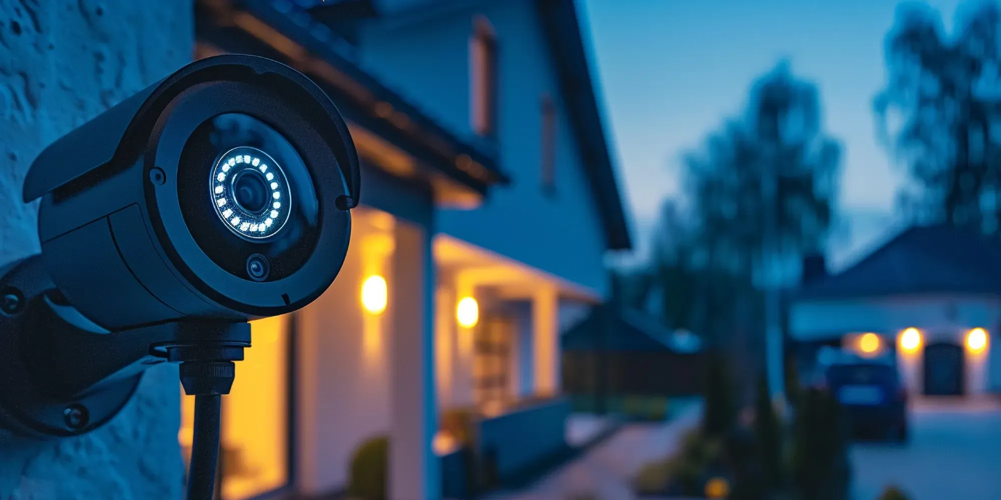 Cámara de seguridad con lente iluminado montada en la pared de un edificio al atardecer.