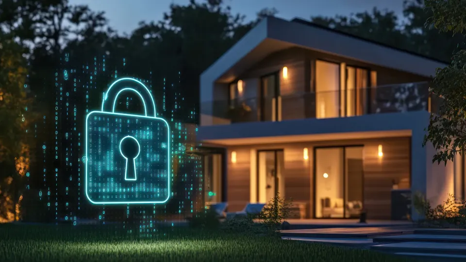 Icono de candado de neón con superposición de código digital frente a una casa moderna iluminada.