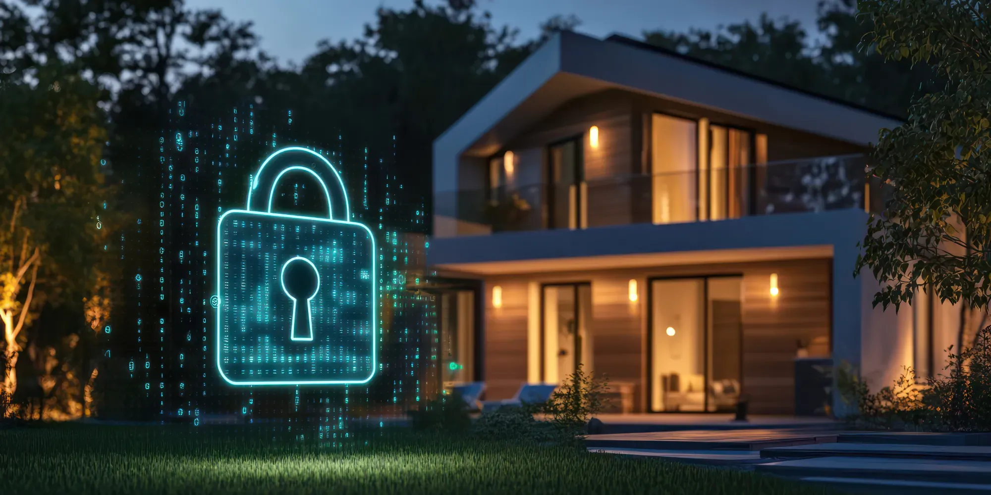 Icono de candado de neón con superposición de código digital frente a una casa moderna iluminada.