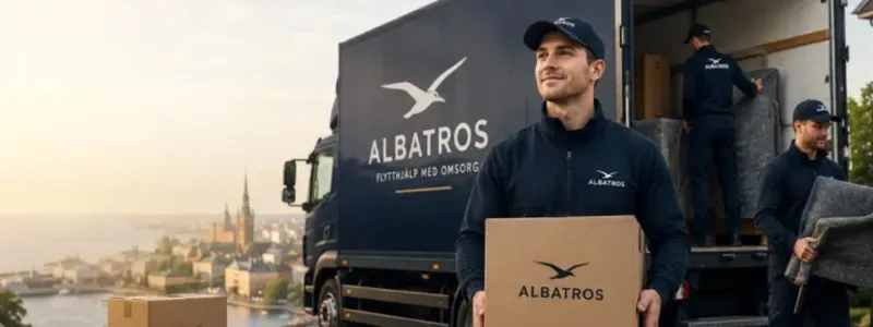 Flyttarbetare bär kartong från leveransbil.