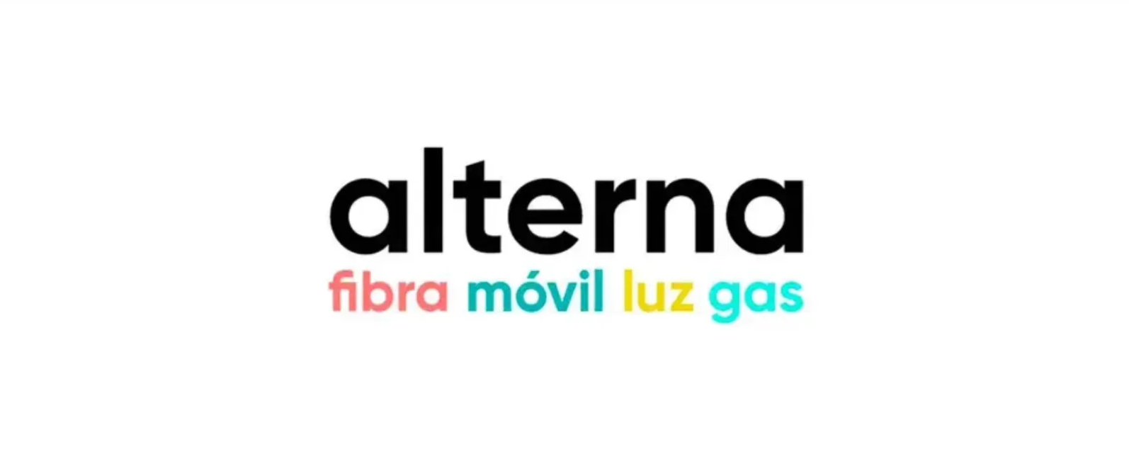 Logo de Alterna con etiquetas de servicios en color para fibra, móvil, luz y gas.