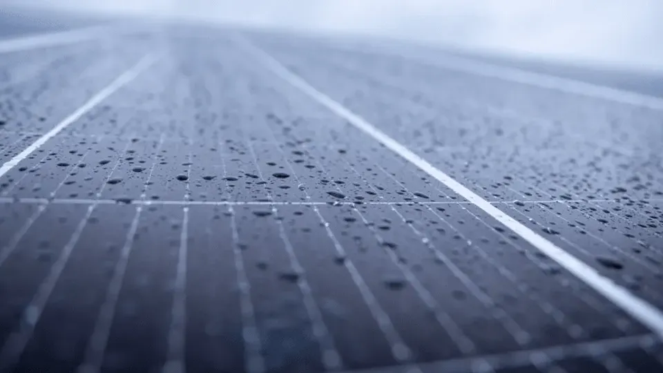 Close-up of a solar panel covered in raindrops on a cloudy day