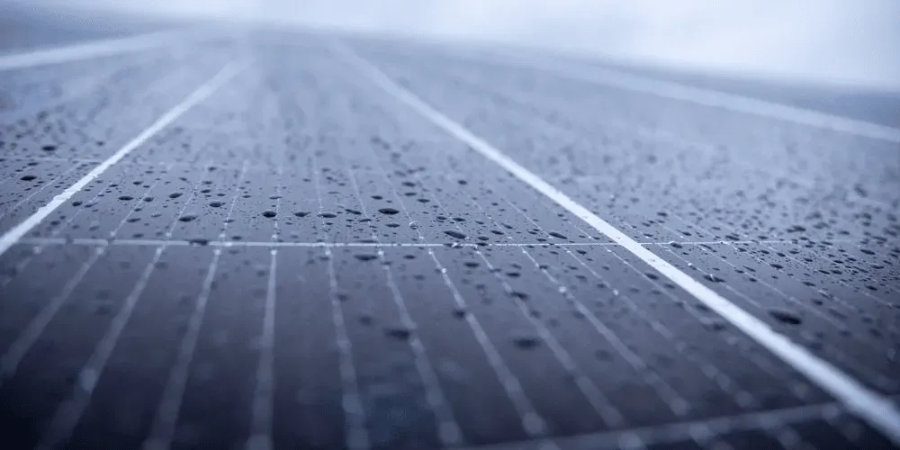 Close-up of a solar panel covered in raindrops on a cloudy day
