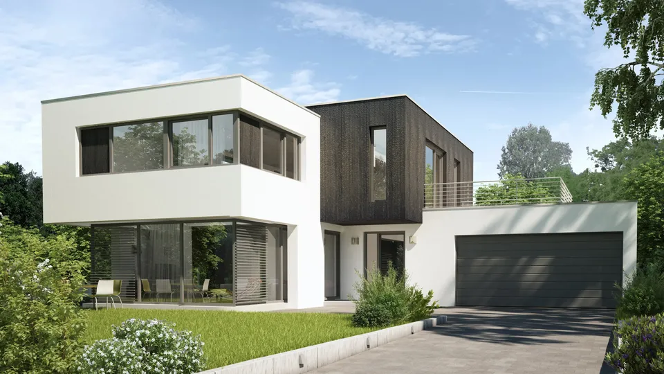 Moderne to-etasjes hus med hvit og mørk murstein, store vinduer og sort garasjedor.