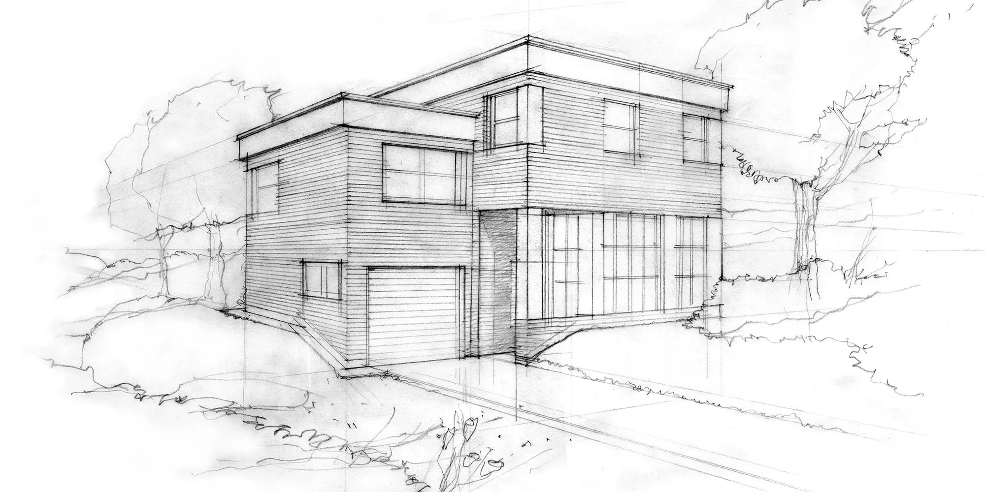 Arkitekturskisse av et moderne tohustomt hus med horisontale panel og store vinduer.