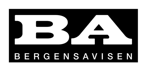 BA Bergensavisen logo med hvite bokstaver på svart bakgrunn.