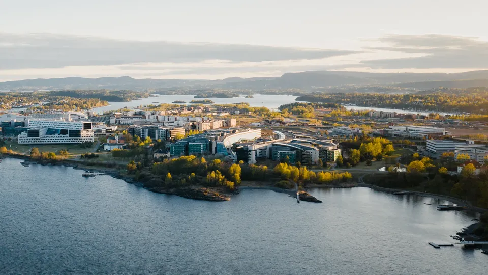 Luftfoto av vannkantcampus med moderne bygninger langs fjorden og skogkledde åser.