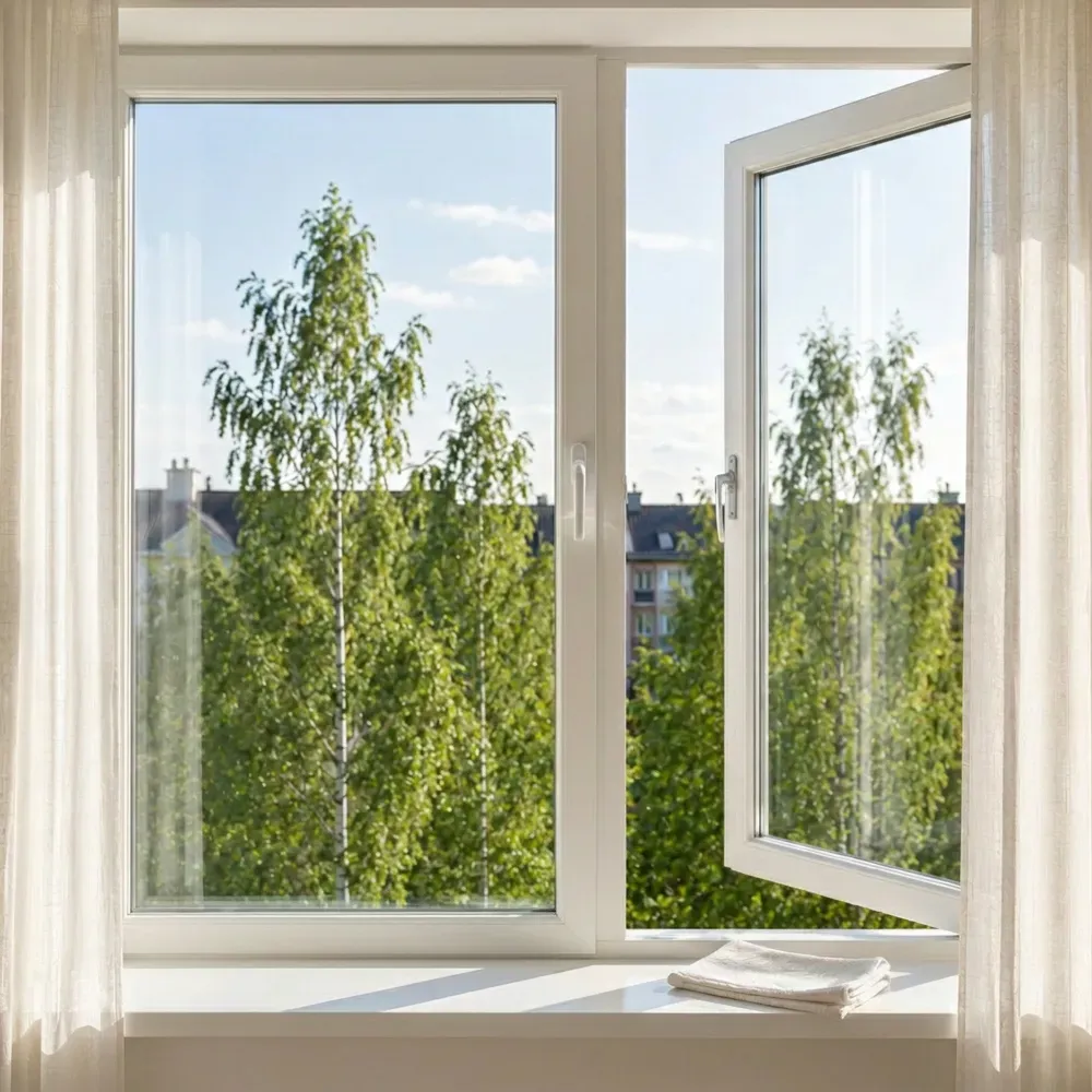 Öppna fönster med utsikt över björkar och bostadshus.