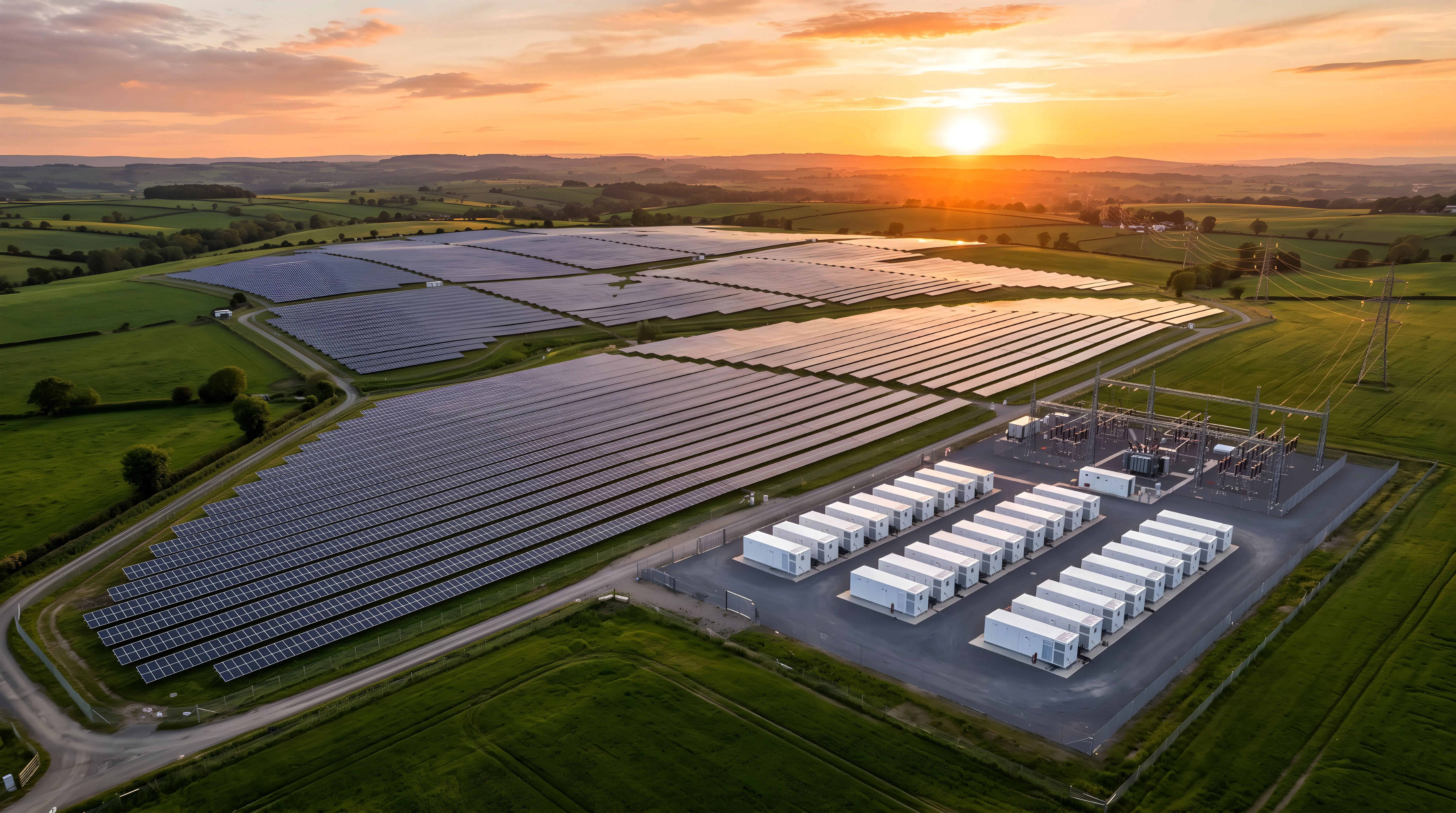Planta de energía solar con sistema de almacenamiento de energía en baterías al atardecer, vista aérea, ilustración