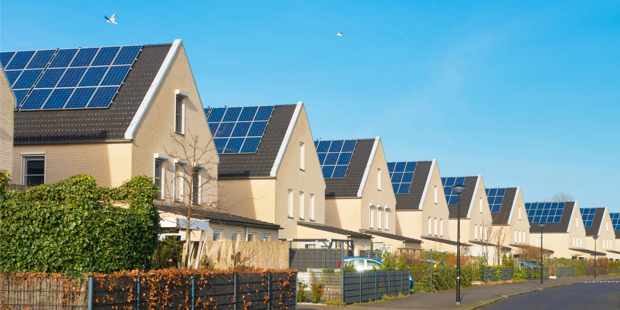 Fila de casas residenciales con paneles solares en los tejados.