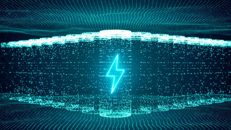 Simbolo di fulmine luminoso circondato da particelle digitali ciano.
