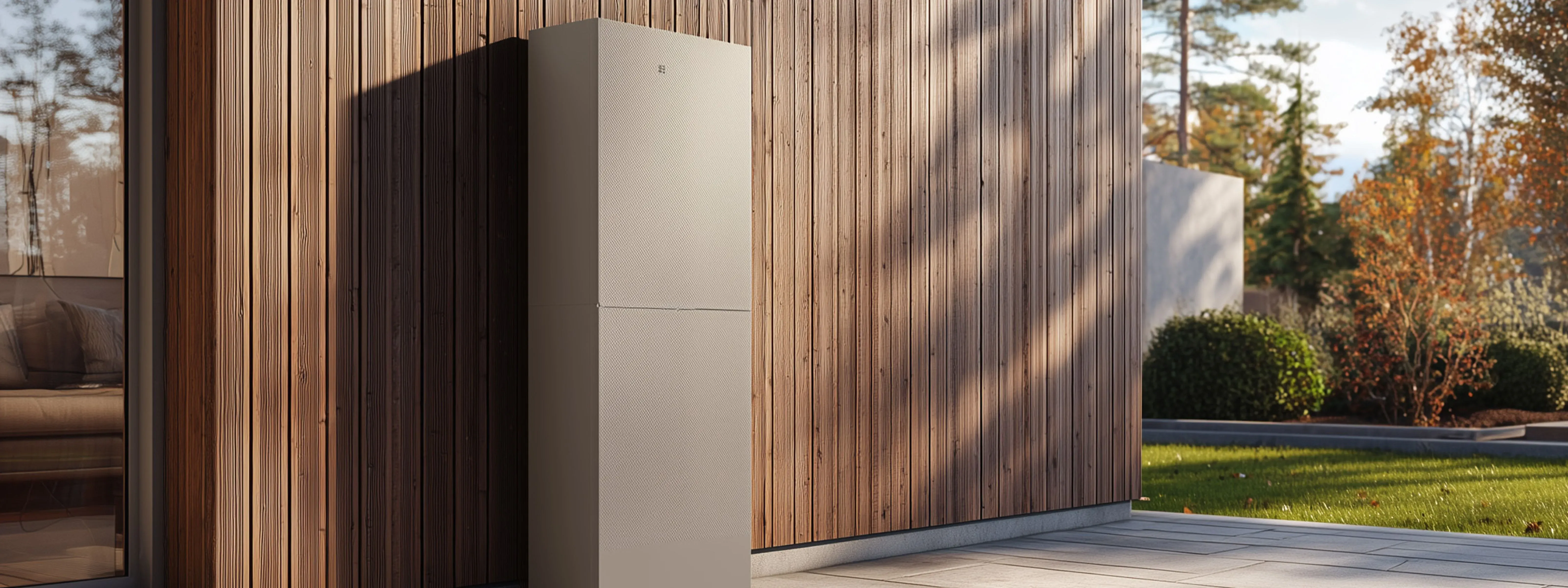 A modern home battery storage unit mounted on the exterior wall of a wooden house, surrounded by a landscaped garden in soft afternoon light.