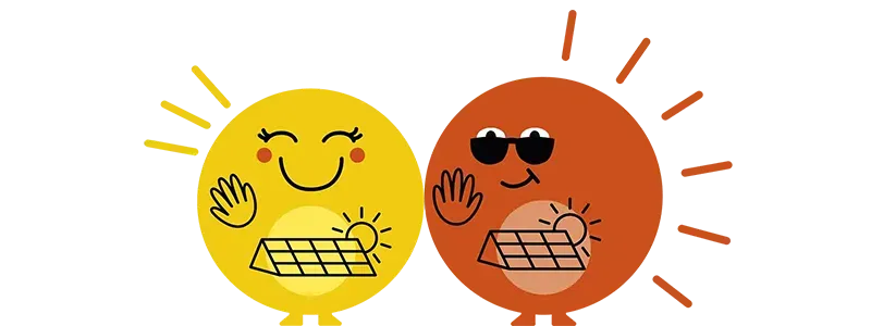 BE Solution GmbH – Illustration zweier lächelnder Sonnenfiguren mit Photovoltaikmodulen, Logo-Cover für Solaranlagenanbieter