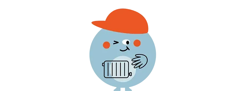 Lächelnde blaue Figur mit orangener Kappe hält einen Heizkörper.
