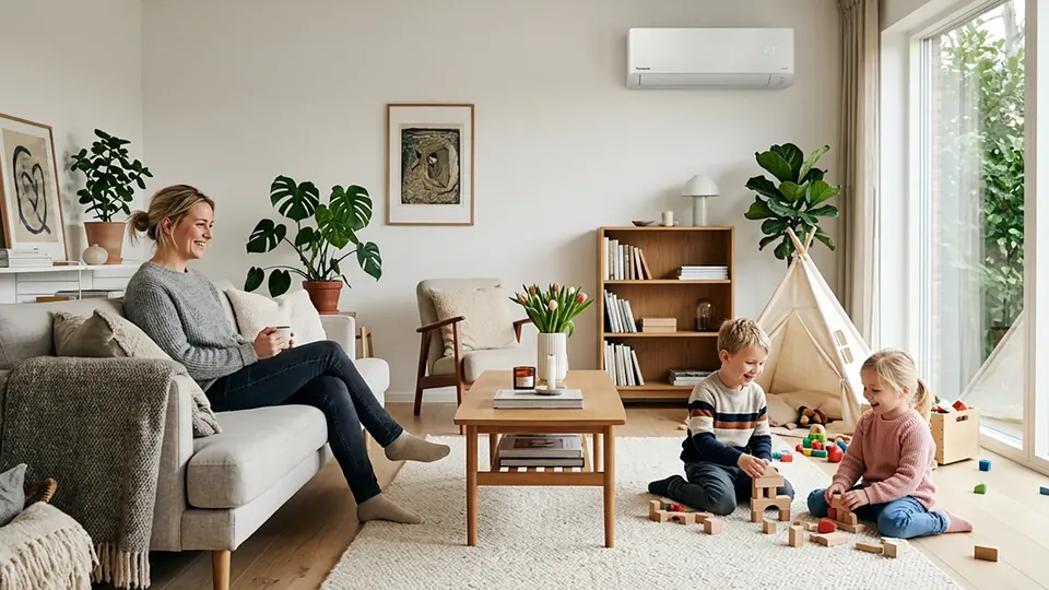 Kvinde sidder på sofa og ser to børn lege med klodser på gulvet.
