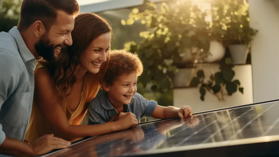Family examining solar panel together outdoors.