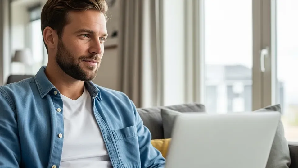 Mand med bærbar computer ser ud af vindue.