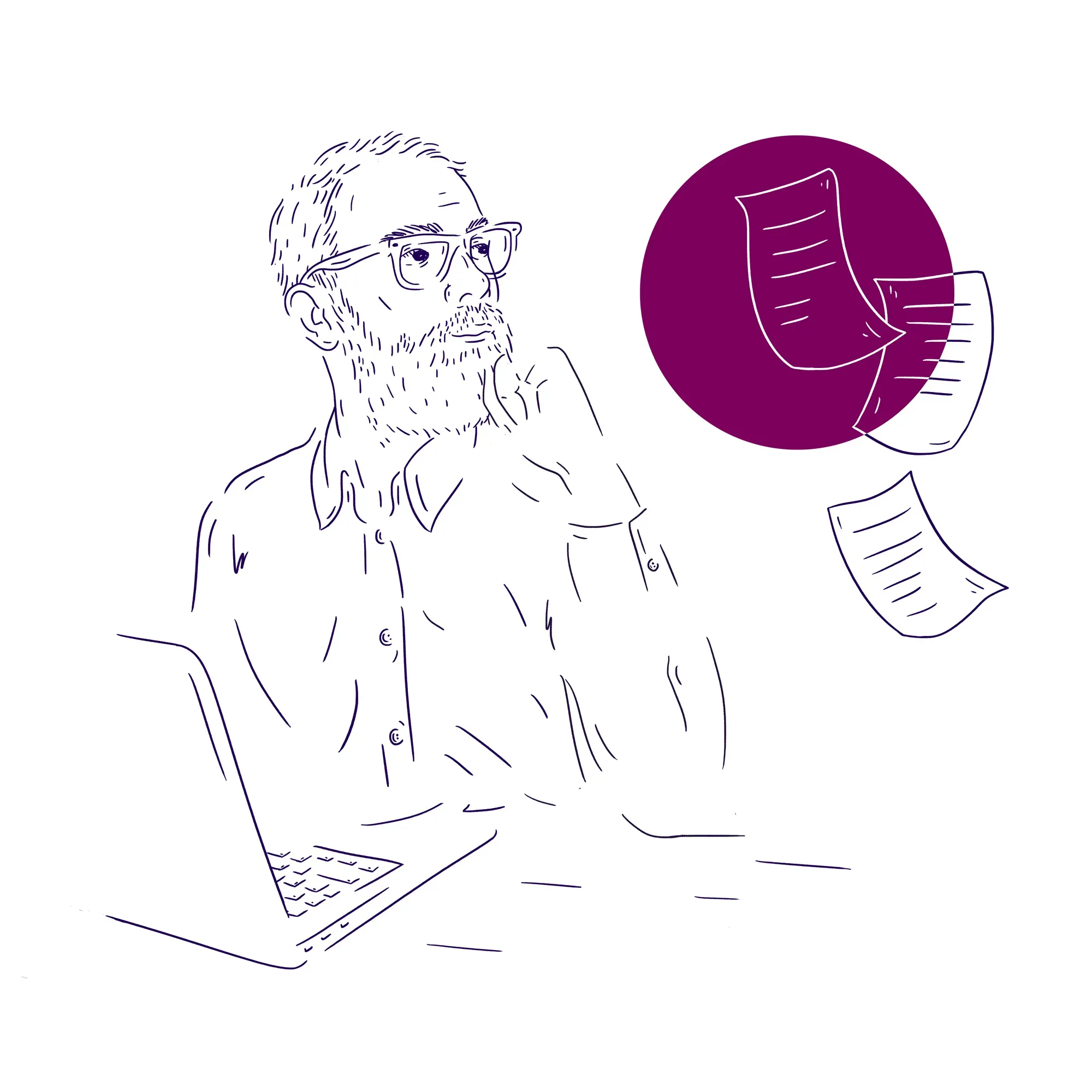Illustration af en mand ved en bærbar computer med svævende dokumenter.
