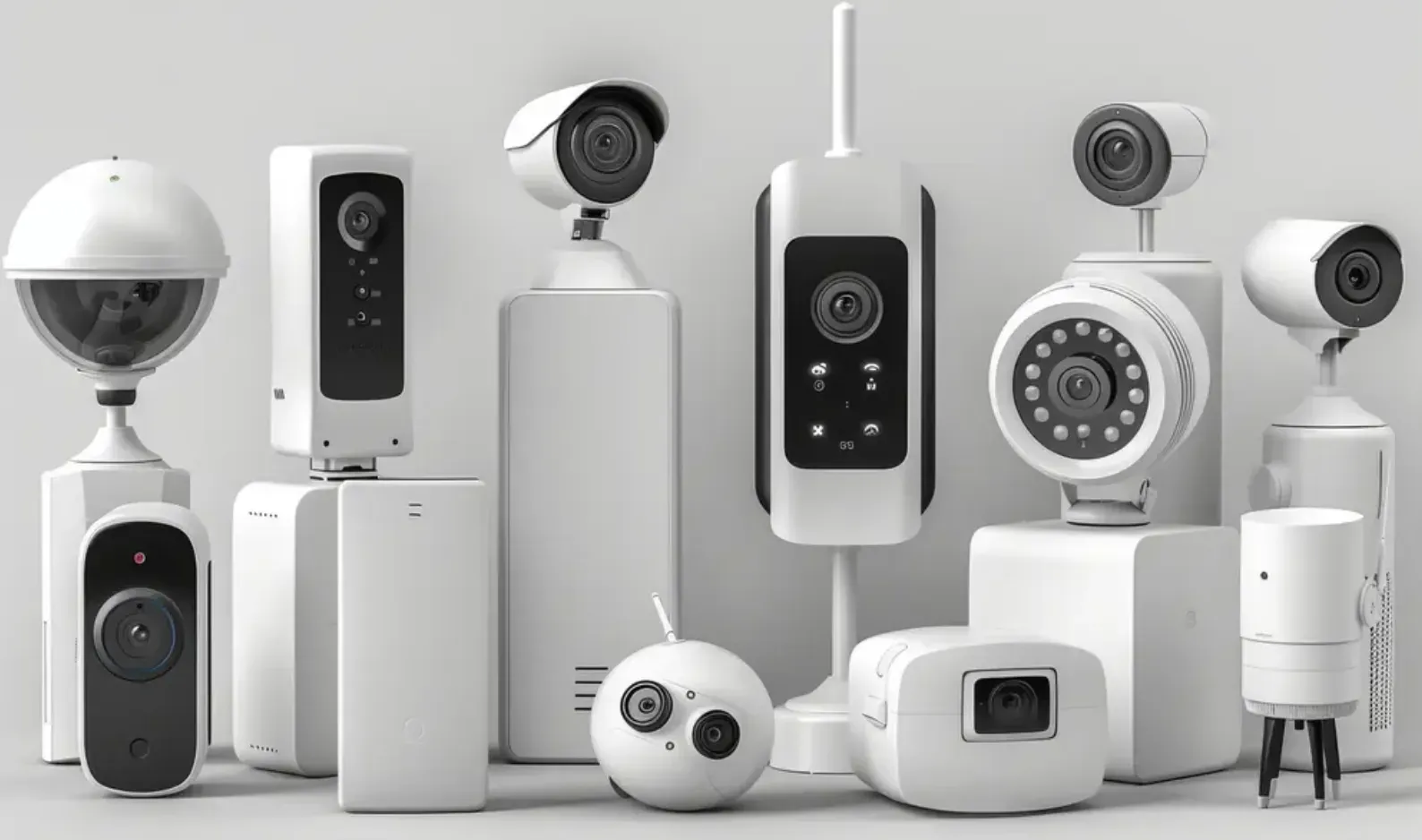 Collection of white security cameras and smart home devices displayed together.