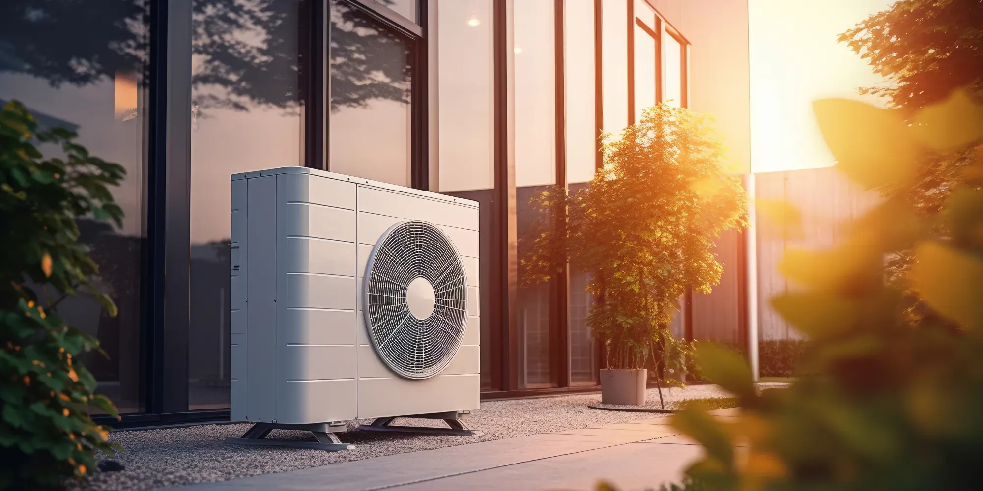 Heat pump unit installed outside modern building at sunset.