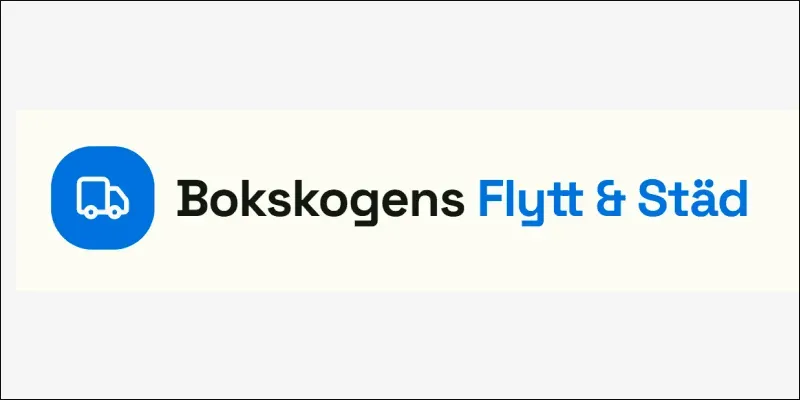 Blå och vit logotyp från städfirman Bokskogens Flytt & Städ AB i Örebro.