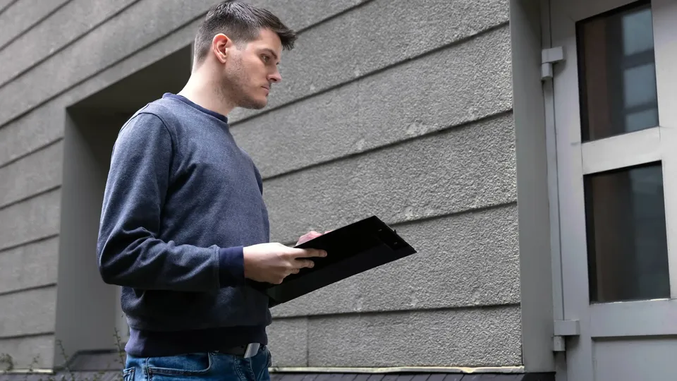 Takstperson inspiserer utsiden av en bolig i forbindelse med utarbeidelse av tilstandsrapport.