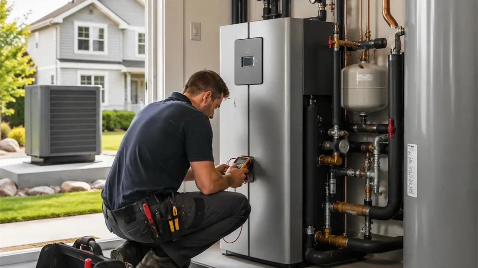 Técnico de HVAC inspeccionando sistema de bomba de calor con medidor de diagnóstico.